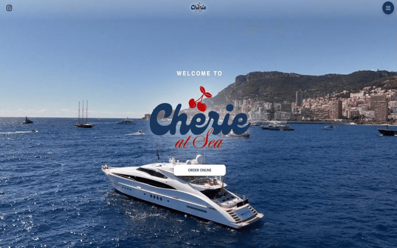 The Chérie At Sea homepage, a luxury catering platform for yachts, villas and private jets