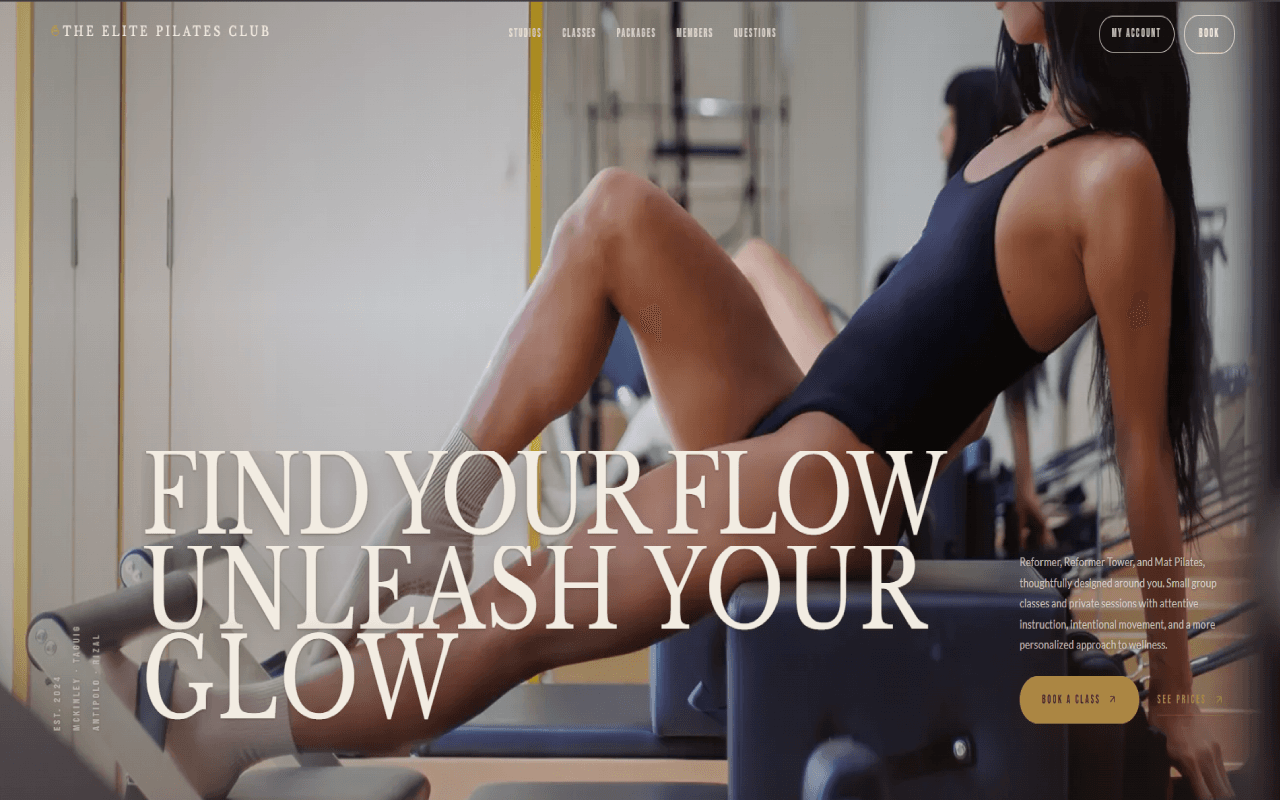 The Elite Pilates Club homepage: a client working on a reformer behind the headline Find your flow, unleash your glow, with the class description and a book a class button.