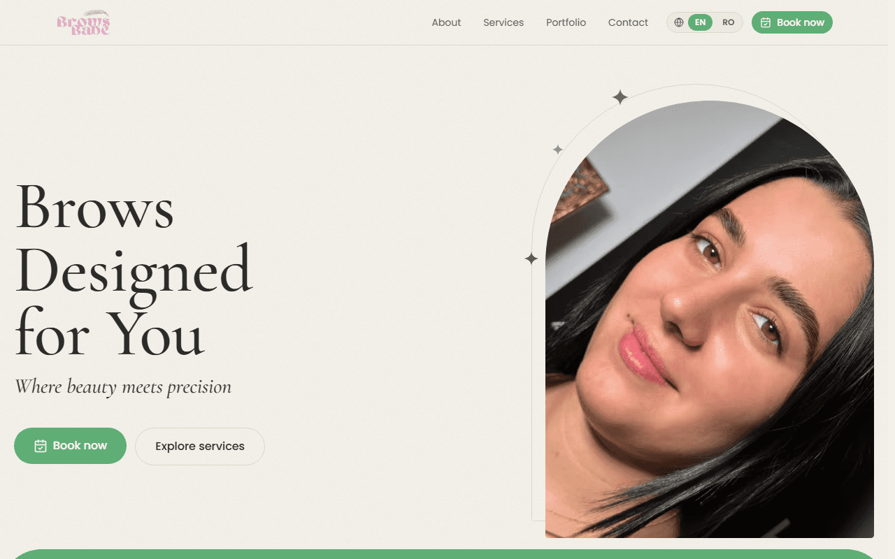 Portrait of a woman with styled eyebrows beside the Brows Babe headline and booking call-to-action.