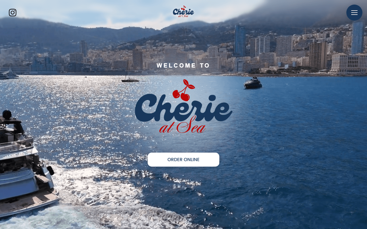 The Chérie At Sea homepage, a luxury catering platform for yachts, villas and private jets