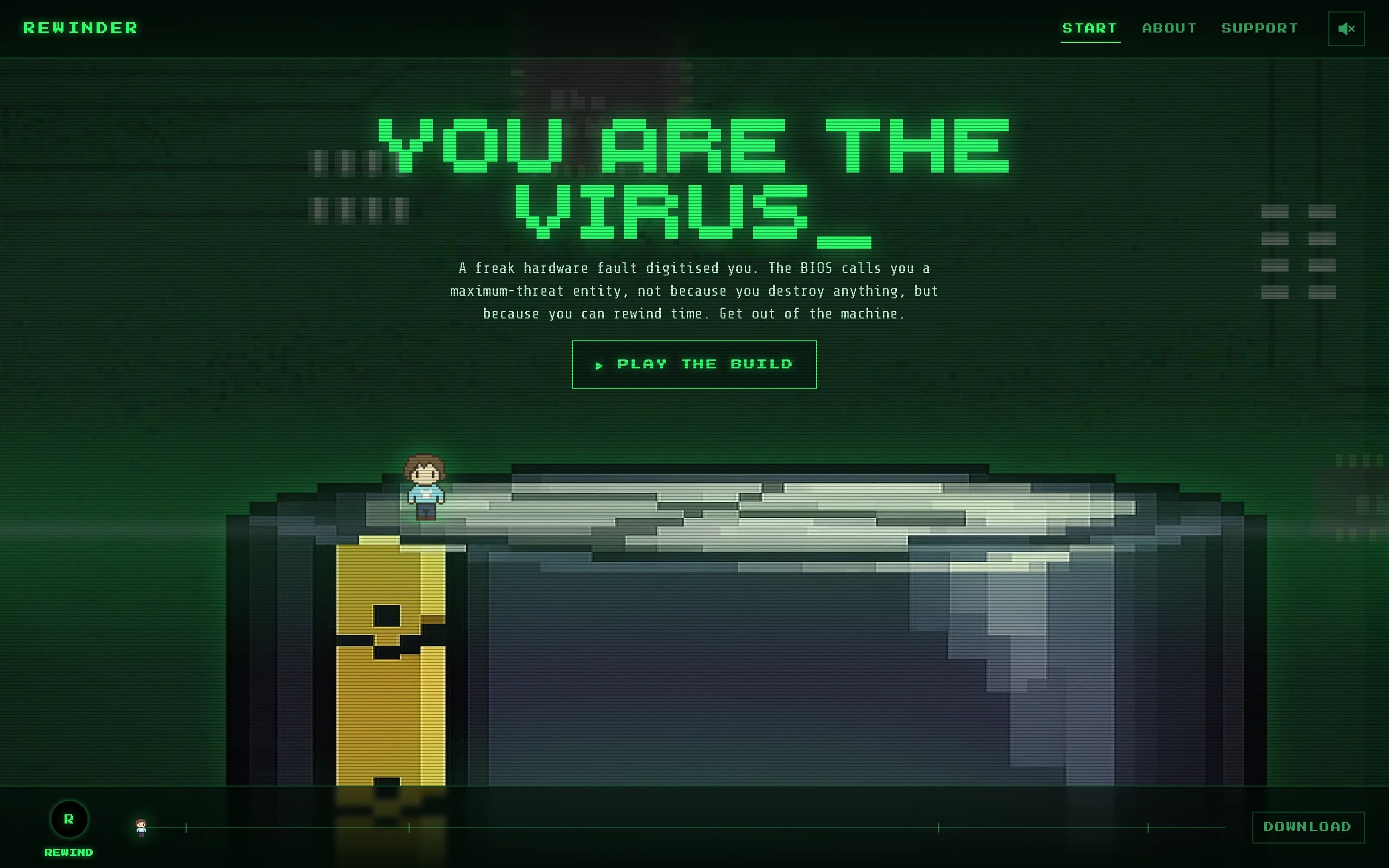 The REWINDER homepage: the headline You are the virus in green pixel type above a pixel-art capacitor on a motherboard, with the player character standing on it